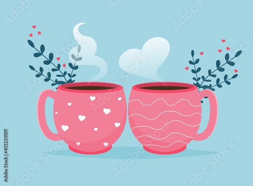 Valentine card with coffee cups Love you banner. Romantic holiday Valentine Day poster or greeting card.