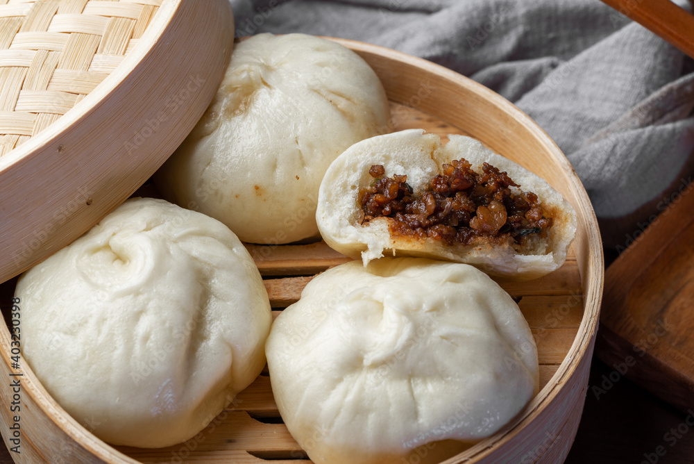 Chinese breakfast. Steamed buns and porridge are on the table Chinese breakfast. Steamed buns and porridge are on the table