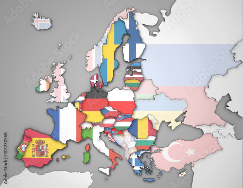 3D Europakarte inkl. Zwergstaaten mit Flaggen der EU Staaten auf kontrastreicher Karte