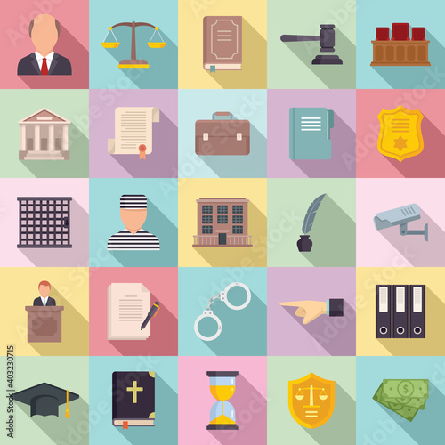 Prosecutor icons set. Flat set of prosecutor vector icons for web design