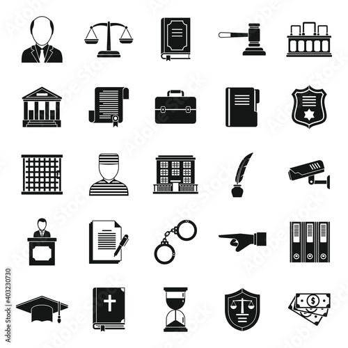 Prosecutor legislative icons set. Simple set of prosecutor legislative vector icons for web design on white background