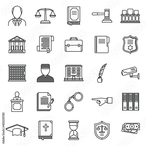Public prosecutor icons set. Outline set of public prosecutor vector icons for web design isolated on white background