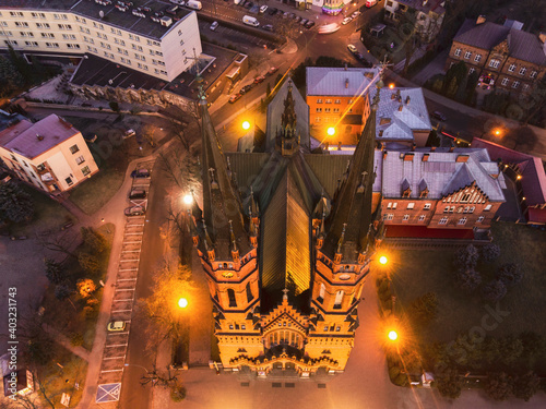 Cathedral of Holy Family in Tarnow, Poland. Top Down Drone Aerial View. Illuminated at Twilight