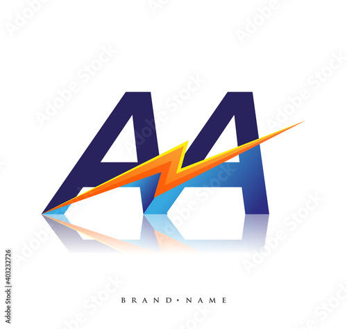 Letter AA logo with Lightning icon, letter combination Power Energy Logo design for Creative Power ideas, web, business and company.