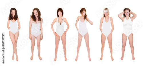 Full length portraits of six attractive young women wearing white swimsuits, isolated on neutral studio background