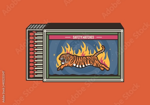 Matchbox and matches vector illustration. Vintage and unique matchbox packaging design illustration