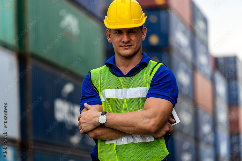 Caucasian worker in safety vest reflective with Safety helmet Portrait Caucasian worker in safety vest reflective with Safety helmet Portrait