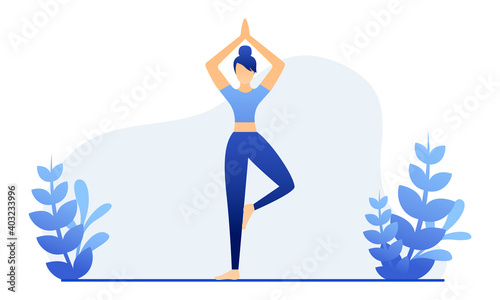 Illustration of a woman meditating in nature. Yoga class in quarantine. Concept for yoga, meditation, relaxation. Stock vector illustration EPS 10