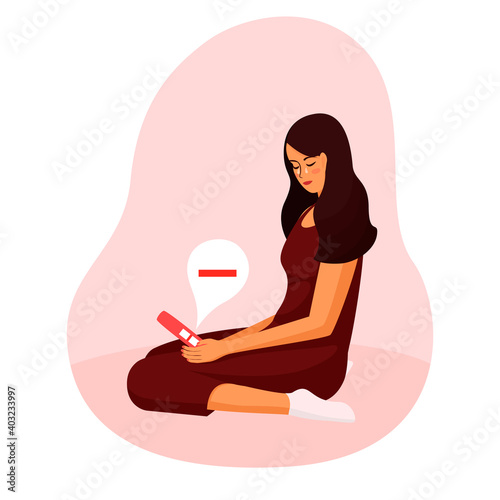 young beautiful woman looking at pregnancy test. Negative pregnancy test Girl sitting on the floor crying she is not pregnant, despair. Concept vector illustration flat white background. Infertility