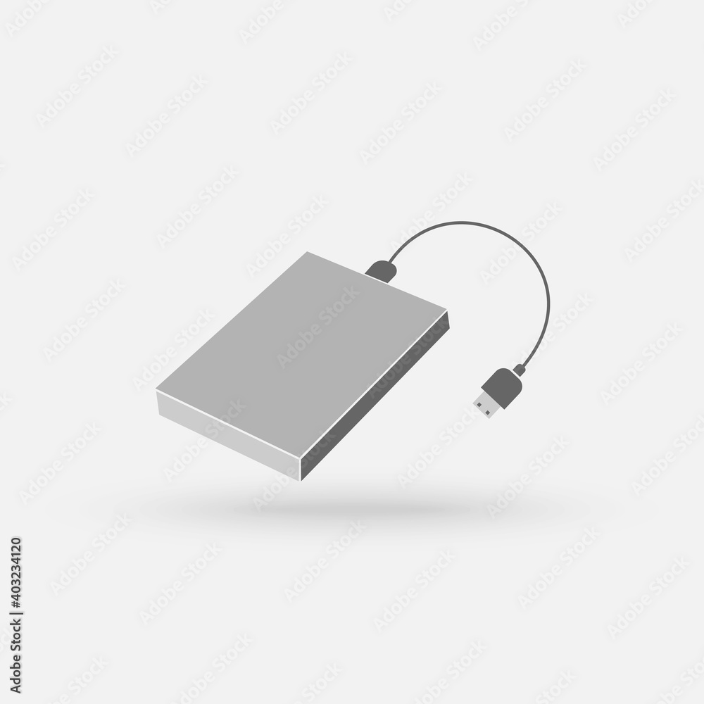 External hard disk drive with USB cable isolated on white background. Portable external HDD. Memory drive vector illustration. Vector Simple modern icon design illustration. External hard disk drive with USB cable isolated on white background. Portable external HDD. Memory drive vector illustration. Vector Simple modern icon design illustration.