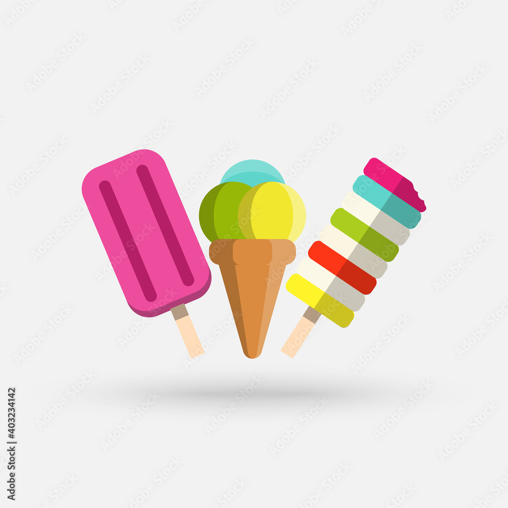 Set of various delicious ice cream including lolly ice, cones with different topping and fruit ice. Vector illustration of healthy food for takeout, bar or restaurant menu. Cartoon style icon.