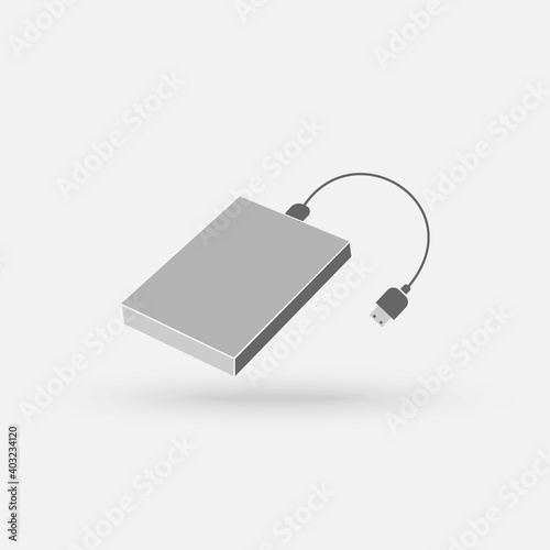 External hard disk drive with USB cable isolated on white background. Portable external HDD. Memory drive vector illustration. Vector Simple modern icon design illustration.