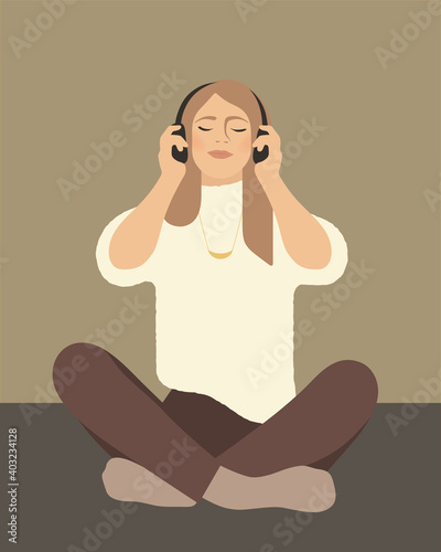 Young woman relaxing and listening to music with over-ear-headphones. Sitting cross-legged, eyes closed, enjoying alone time. Flat vector illustration with muted colors.