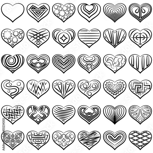 Set of Valentine Hearts with Abstract Patterns, Holiday Symbols of Love, Black Contours Isolated on White Background. Vector