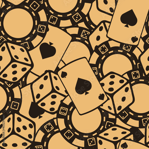 Poker vector seamless pattern in old retro style. Pattern with dice, playing card and poker chip. Casino poker hazard risk game. Layered pattern with chips cards and cubes sketched on table