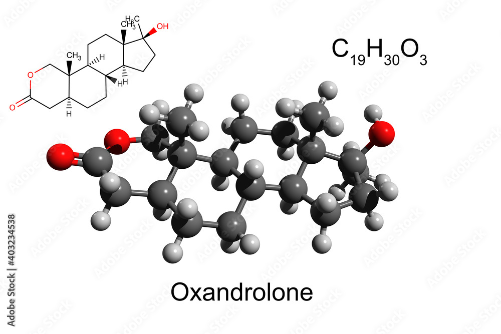 Chemical formula, structural formula and 3D ball-and-stick model of anabolic steroid oxandrolone, white background Chemical formula, structural formula and 3D ball-and-stick model of anabolic steroid oxandrolone, white background