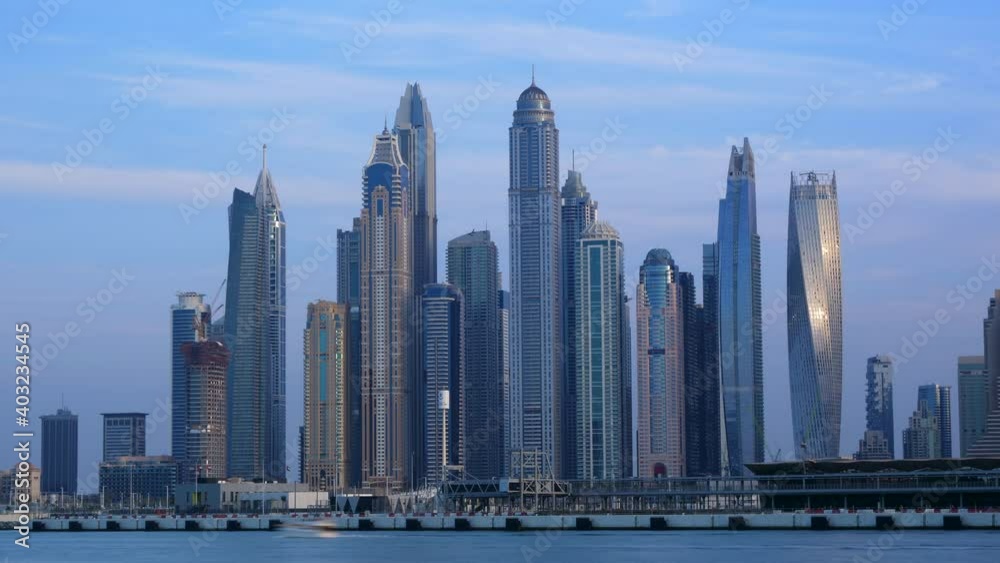Marina Waterfront Skyscraper Skyline, Dubai Cityscape, Time Lapse Marina Waterfront Skyscraper Skyline, Dubai Cityscape, Time Lapse