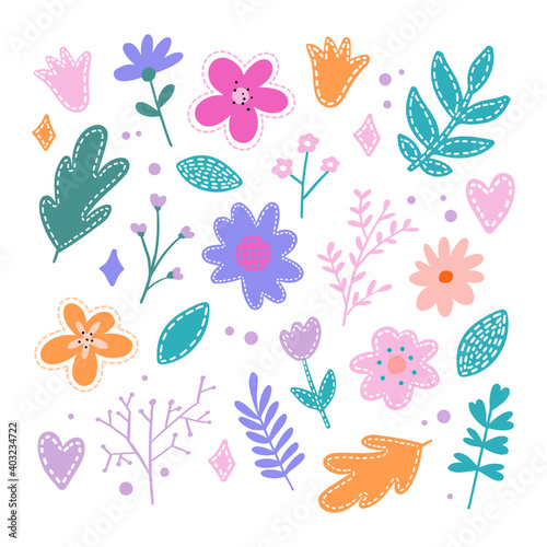 Set of flat Spring flower icons in silhouette isolated on white. Cute retro illustrations in bright colors for stickers, labels, tags, scrapbooking.
