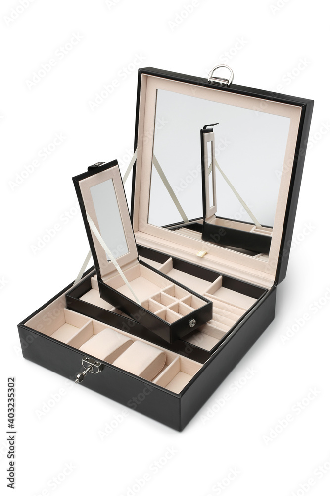 Black leather jewelry box with mirror Black leather jewelry box with mirror