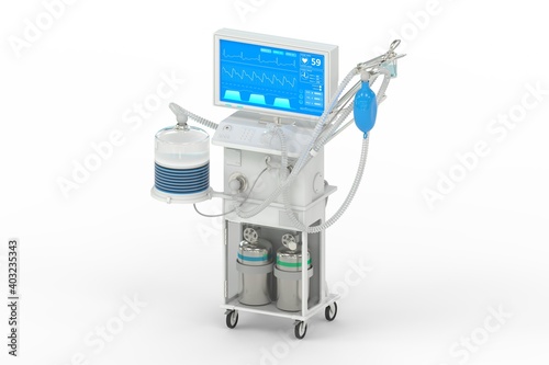 ICU artificial lung ventilator with fictive design, isometric view isolated on white - fight corona virus concept, medical 3D illustration