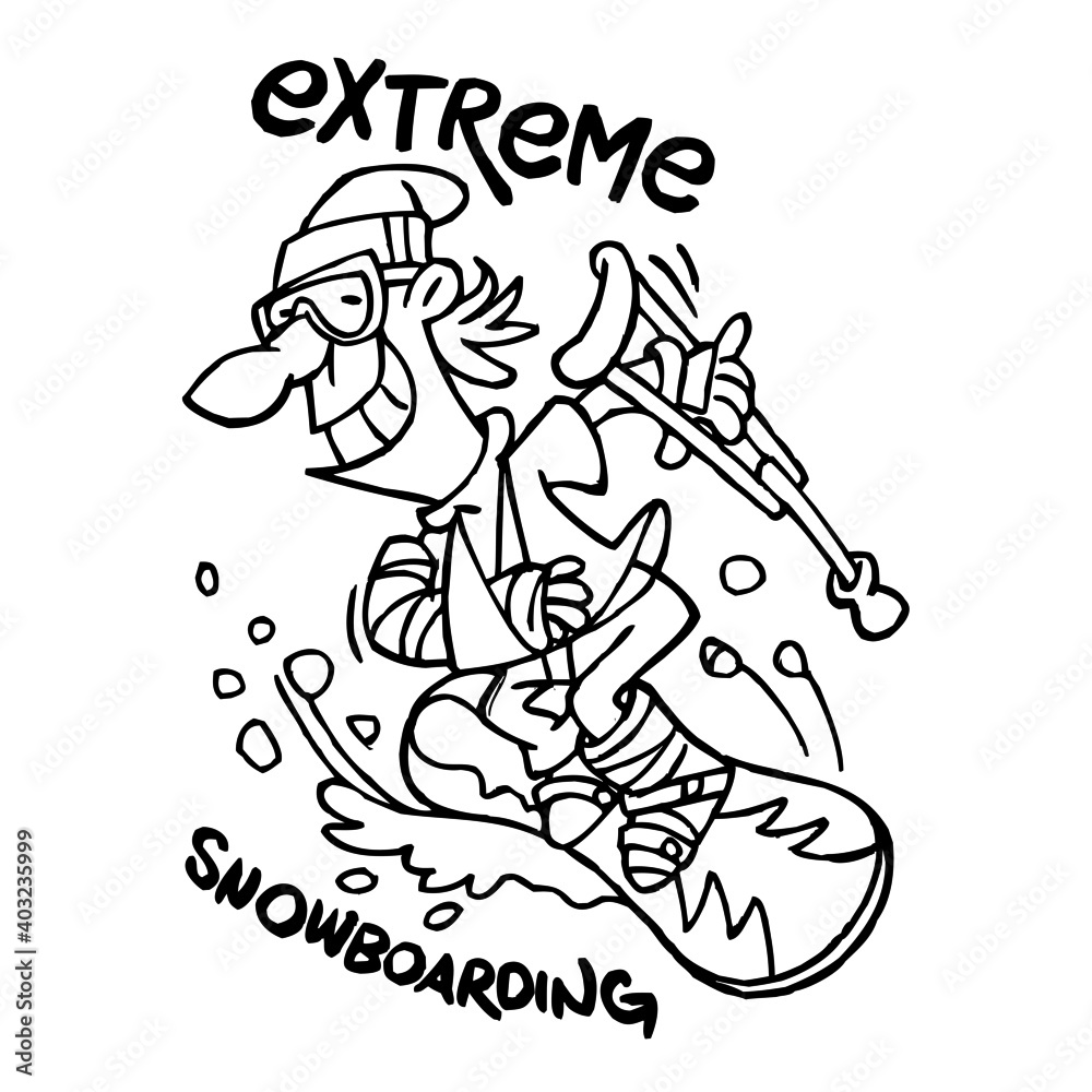Extreme snowboarding, snowboarder with broken arm and leg in plaster and with crutch goes downhill, winter sport joke, black and white cartoon