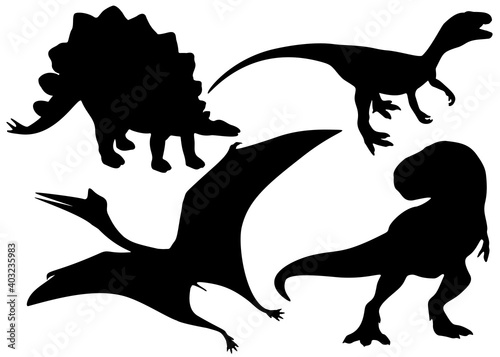 Dinosaurs Allosaurus, Pterosaurus, Tyrannosaurus, Stegosaurus in the set.