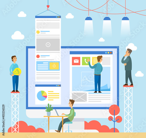 Business meeting or working process. Working space, office workers standing and sitting at desk with laptop. Business people talking communication, discuss presentation, making website page design