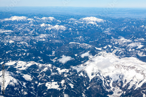 Mountain range with snowy peaks . Beautiful world scenery 