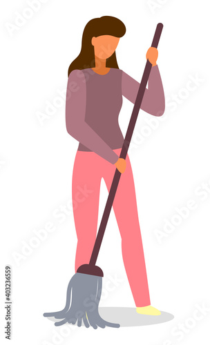 Young woman housewife cleaning the floor with a mop, people activity, daily routine vector Illustration on a white background. Cleaning lady housemaid wipes the wet floor, doing daily homework