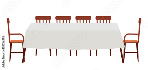 Dining room interior design. Table covered with tablecloth with chairs isolated on white background. Furniture model made of wood for the interior of a room. Arrangement of furniture at home