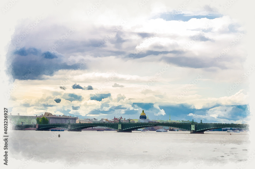 Fototapeta premium Watercolor drawing of Cityscape of Saint Petersburg Leningrad city with Trinity bascule bridge across Neva river