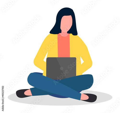 Young teenager girl sitting on floor with gray laptop serfing internet on white background, typing, writing a message. Woman studying with computer vector illustration. Lady freelancer working on pc