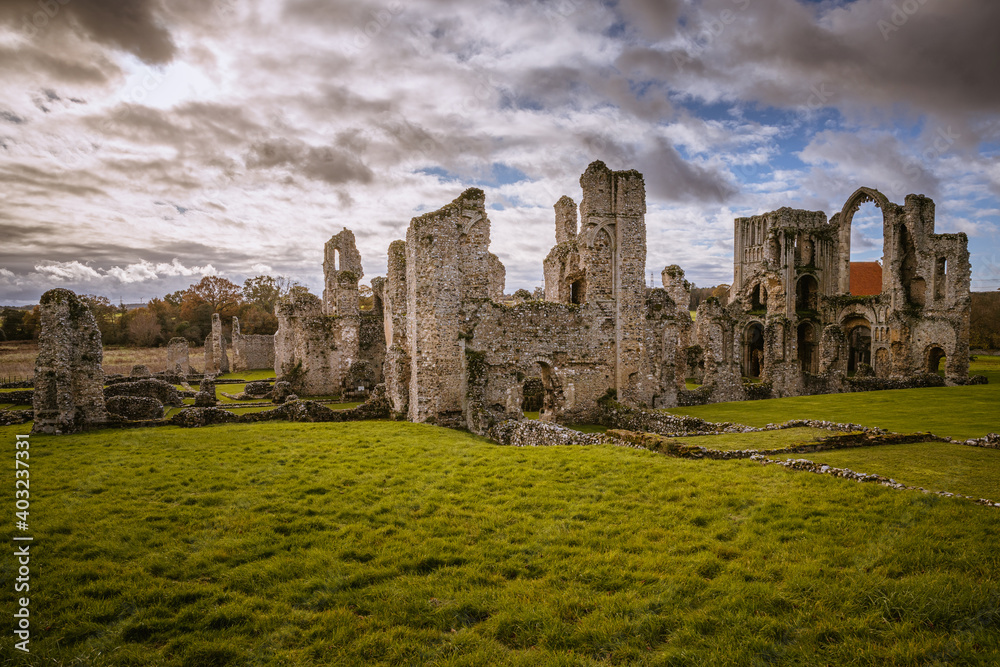 Castle Acre priory ruins on cloudy day