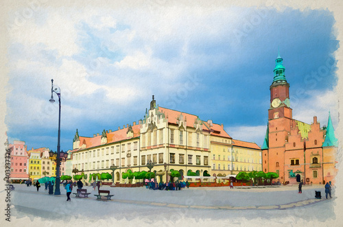 Watercolor drawing of Old Town Hall and New City Hall building, row of colorful traditional buildings with facades on Rynek Market Square