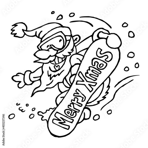 Santa Claus snowboarder jumps Big Air on snowboard with Merry Xmas sign, winter sport joke, black and white cartoon