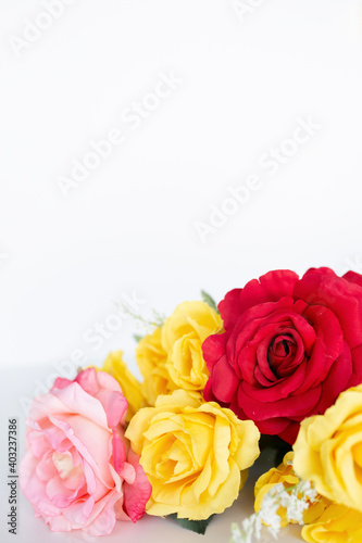 pink  red and yellow roses flat lay against a white background