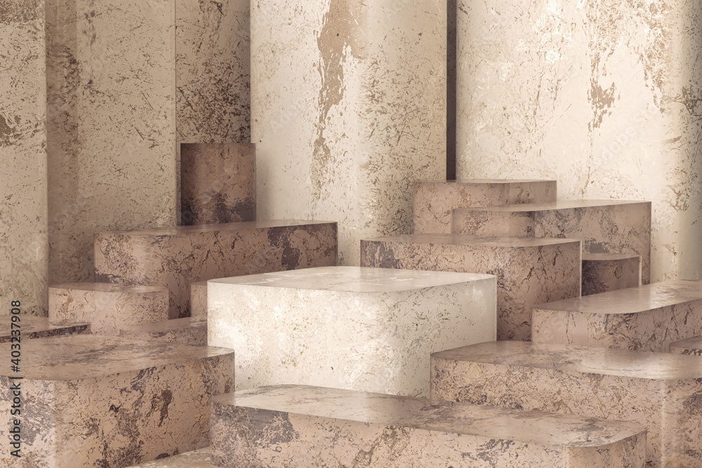 Display scene made of brown and beige marble stands. Set sail champagne 2021 trend colors. 3d render illustration. Display scene made of brown and beige marble stands. Set sail champagne 2021 trend colors. 3d render illustration.