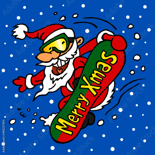 Santa Claus snowboarder jumps Big Air on snowboard with Merry Xmas tag, background with snowflakes, winter sport joke, color cartoon