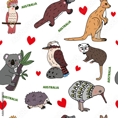 Australian animal pattern on white background. Endless texture. opossum, kangaroo, kakadu, koala, kiwi, kookaburra, echidna,platypus. Print for wrapping paper, kids textile, bed linen