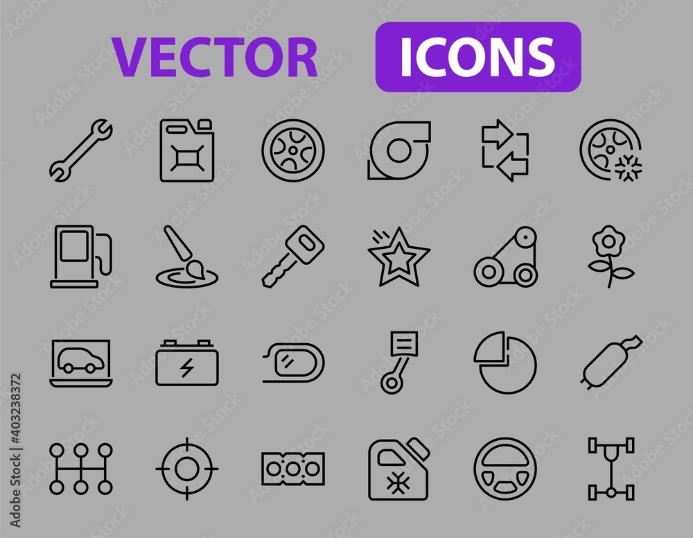 Naklejka premium AUTO PARTS Set of Icons related vector line icons. Contains icons such as parts, oil, diagnostics, turbine, steering wheel, key, chassis, gearbox and much more. Editable stroke