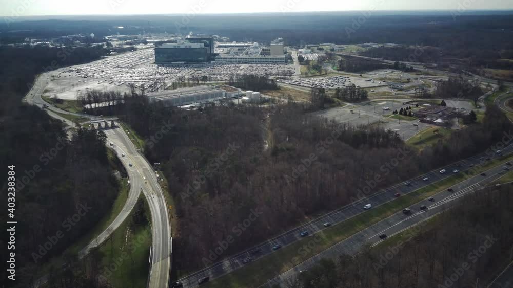 Aerial establishing shot of the National Security Agency (NSA) at Fort Meade, MD.   Filmed by a licensed drone operator with permission to be in this airspace.