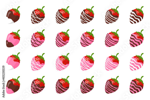 Set of glazed strawberries in chocolate for Valentine's Day