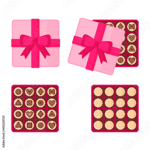Square pink box of chocolates for Valentine's Day.