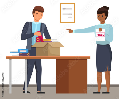 Layoff concept. Strict woman boss dismissed employee. Unhappy man leave the office with things in box. Unemployment dismissal of fellow workers. Crisis, jobless and employee job reduction concept