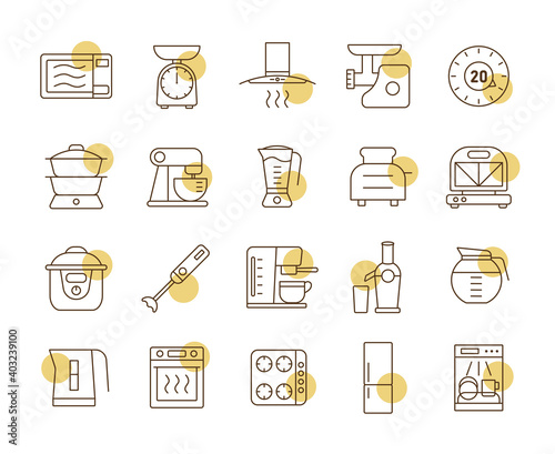 Kitchen appliances electronic equipment icon set