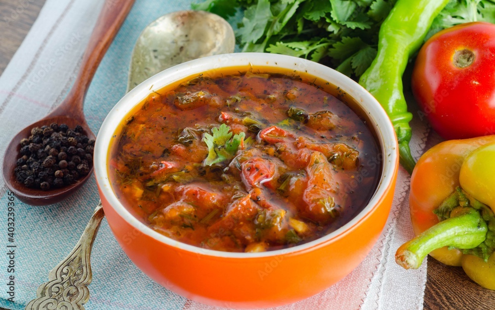 Bowl of traditional soup Borscht on table Bowl of traditional soup Borscht on table