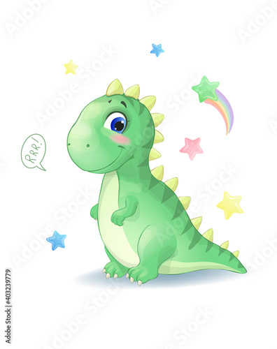 Cute little dinosaur with stars. Green baby tiranosaur photo