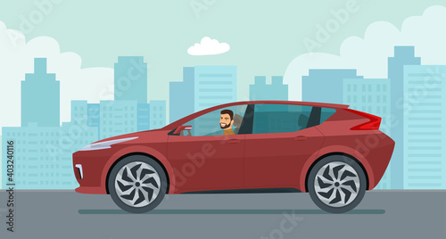 Modern electric CUV car with a young driver man driving on a background of abstract cityscape. Vector flat style illustration.
