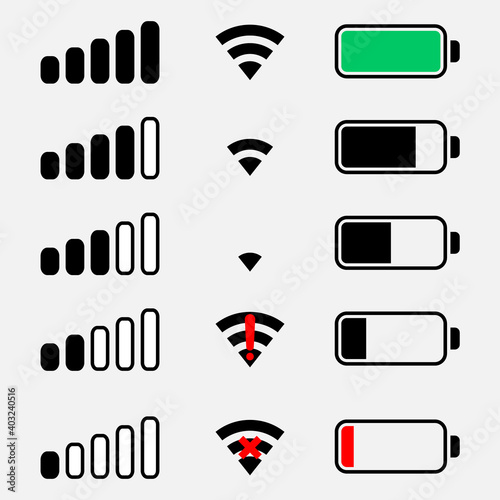 Phone bar status Icons, battery Icon, wifi signal strength. Vector for mobile phone