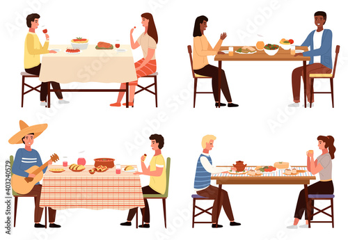 Set of illustrations on the theme of eating national dishes. Meals of world cuisines on the table. Couples in folk costumes socialize during dinner. Ethnic features of cuisines of different nations